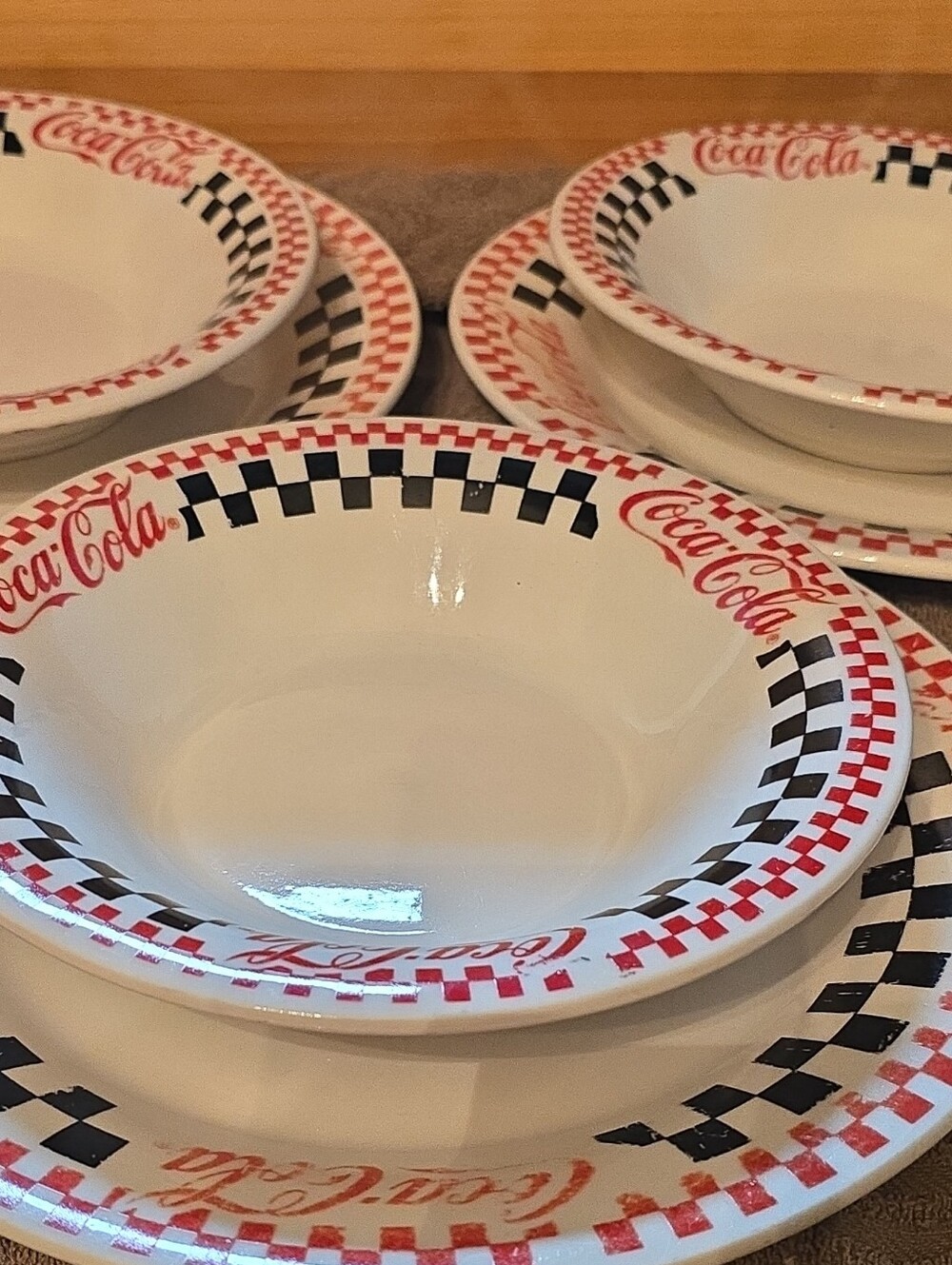 Coca Cola White Bowls with Red Logo & Black Check Border